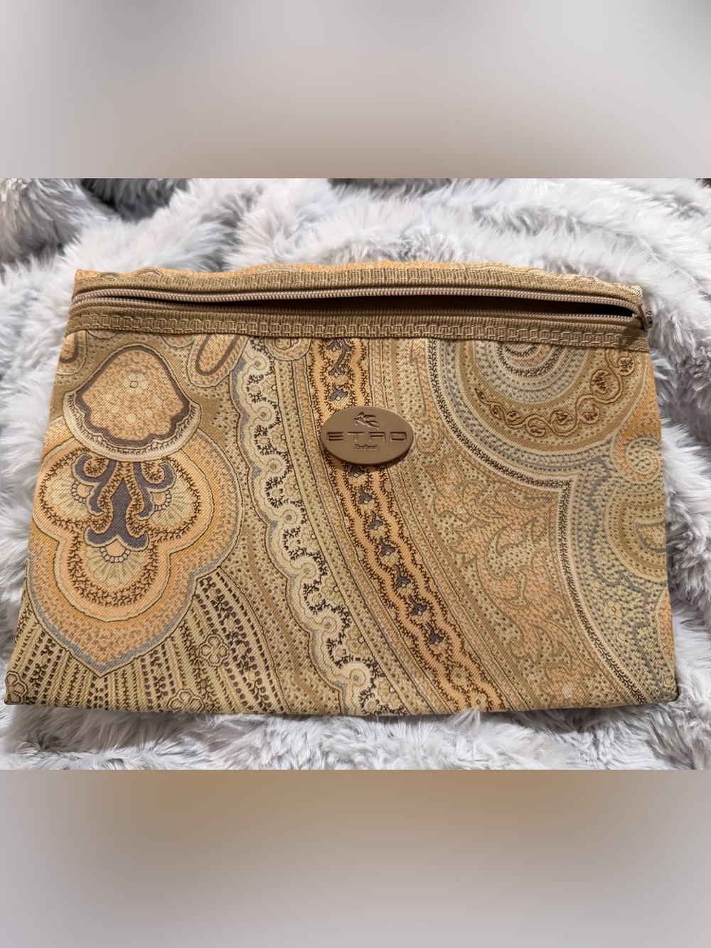 Etro Beige Paisley Cosmetic Pouch with Logo Plaque